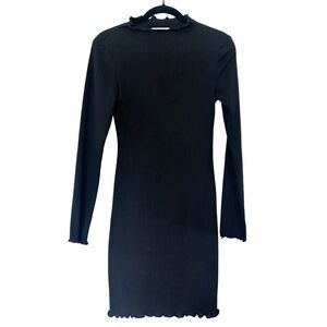 Cloud Ten (M) Black Ribbed To the Knee Dress - Lettuce Ruffle Hem, Stretch, Fall